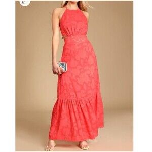 Lulus Touch of Elegance Coral Floral Burnout Halter Maxi Dress XL